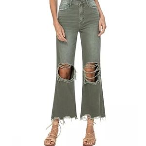 VERVET Olive Distressed Flare Jeans